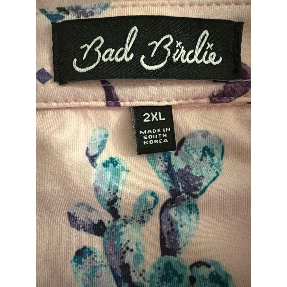 Bad Birdie Mens 2XL Golf Polo Pink Southwestern Cactus Steer Skull Print Shirt